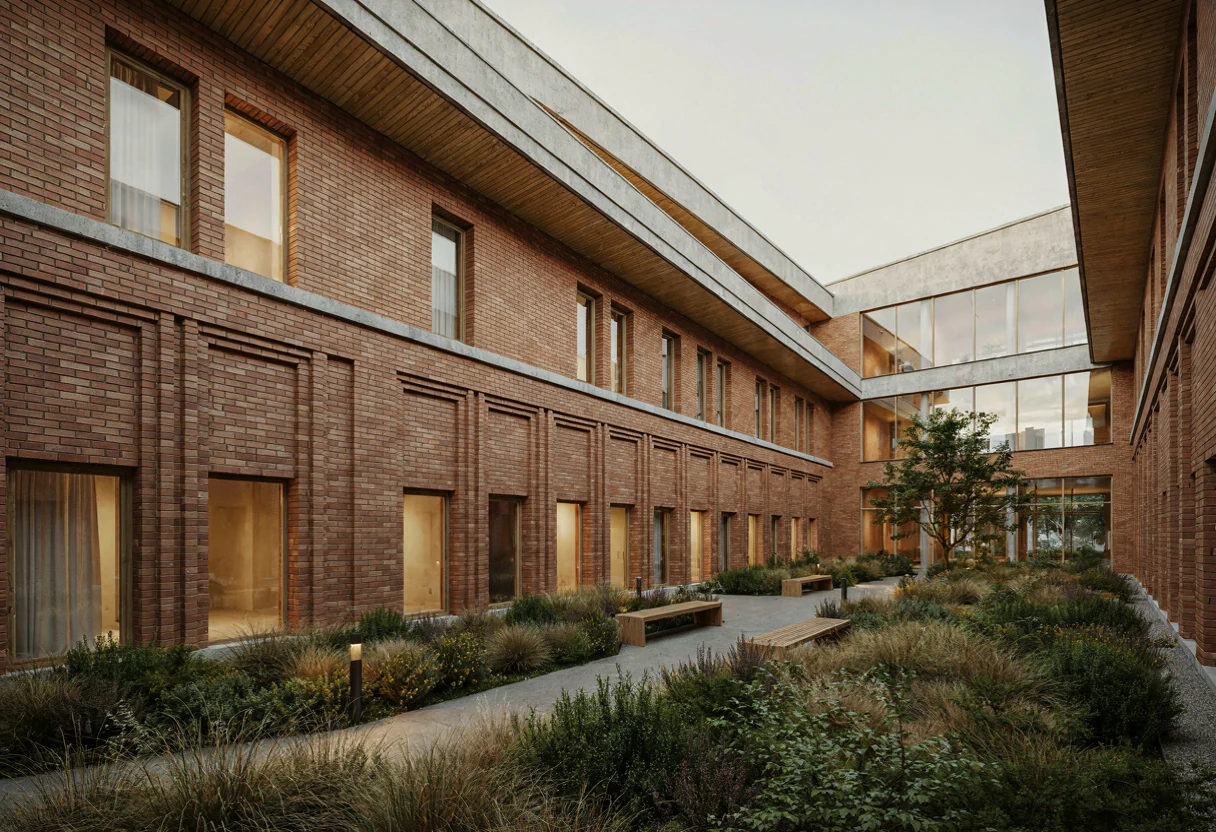 Koncepcyjna architektura społeczna z zielonym dziedzińcem i spokojną ceglaną elewacją